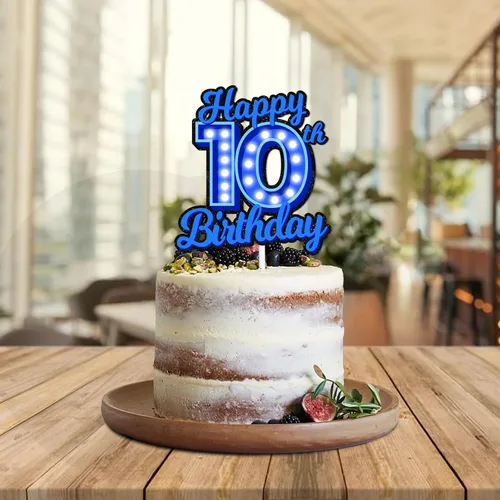 Miniatura 5 de Decoración de pastel de cumpleaños 10 con purpurina azul Let's Glow Crazy Party Theme Decor Supplies Men Women Happy Birthday 10 Anniversary Party