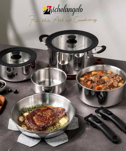 Miniatura 9 de Michelangelo Juego de utensilios de cocina de acero inoxidable de tres capas de 14 piezas con mango desmontable, juego de utensilios de cocina