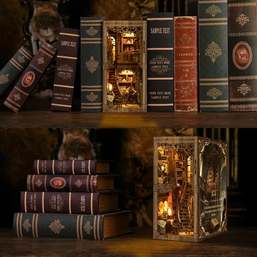 Miniatura 5 de ISSEVE Kit de Rincón de Libros, Rompecabezas de Madera 3D DIY Casa de Muñecas Booknook para Adultos, Kit de Casa en Miniatura Diminuta Decoración