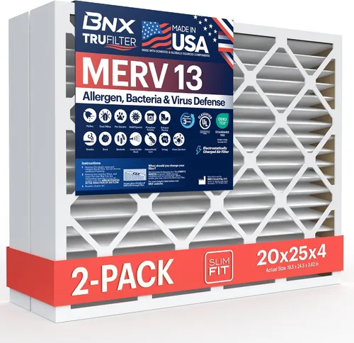 BNX TruFilter 20x25x4 (19.5'' x 24.5'' x 3.63'' Ajuste Delgado) Filtro de Aire MERV 13 (Paquete de 2) - HECHO EN EE.UU. - Filtros de Aire