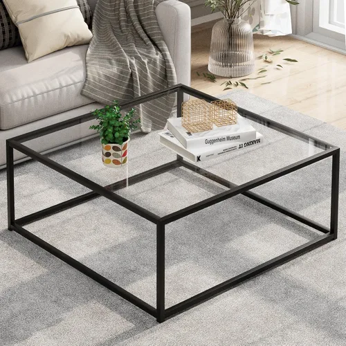 Mesa de Café de Vidrio Negro para Sala de Estar, Mesas de Café Cuadradas para Espacios Pequeños, Mesas Centro Modernas de Té y Cóctel Simples, Mesas