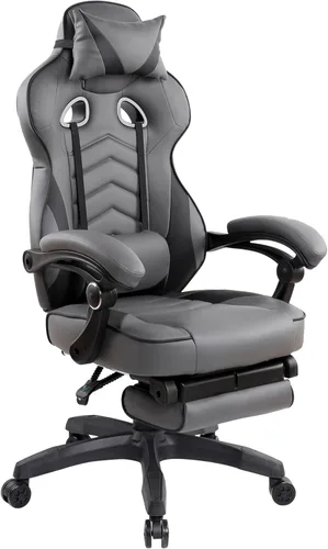 Silla ejecutiva de oficina o juegos con reposapiés, silla de oficina acolchada de piel sintética con reclinable de 150 grados, soporte lumbar y