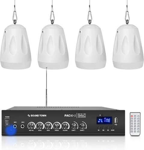 Miniatura 12 de Sound Town Amplificador Bluetooth para restaurante comercial + juego de altavoces colgantes, con un amplificador de 2 zonas de 70 V/100 V