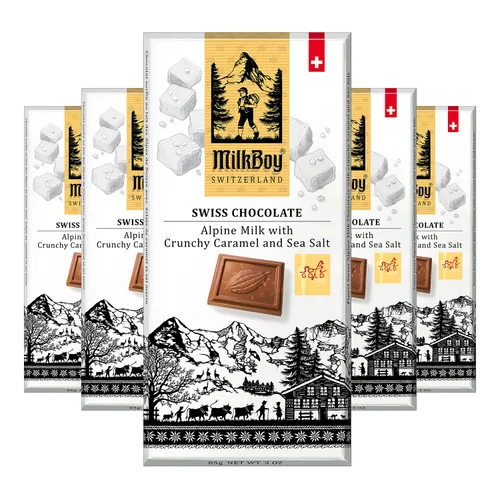 Miniatura 11 de Milkboy Swiss Milk Chocolates - Barras de chocolate con leche alpina con sal marina de caramelo crujiente, sin gluten, sin OMG, todo natural