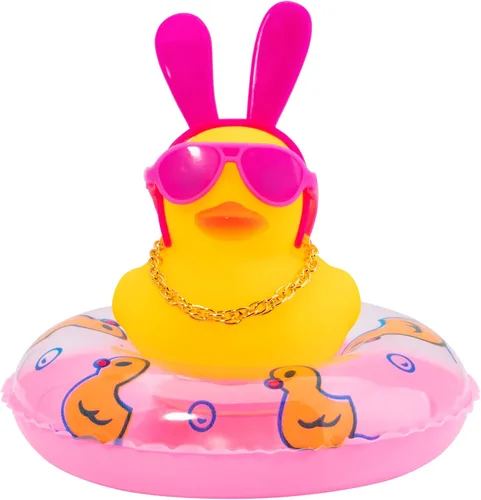 Miniatura 24 de wonuu Adornos de pato de goma para automóvil, decoración de tablero de automóvil con bonita diadema, anillo de natación, collar, gafas de sol