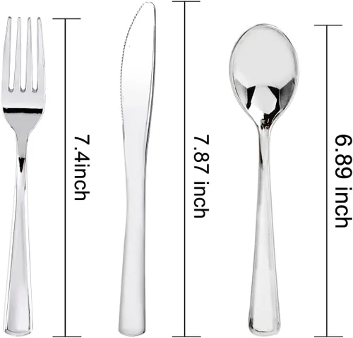 Miniatura 6 de WDF 300 cubiertos de plástico plateado, cubiertos de plástico resistentes, 100 tenedores, 100 cuchillos, 100 cucharas, cubiertos desechables Plata