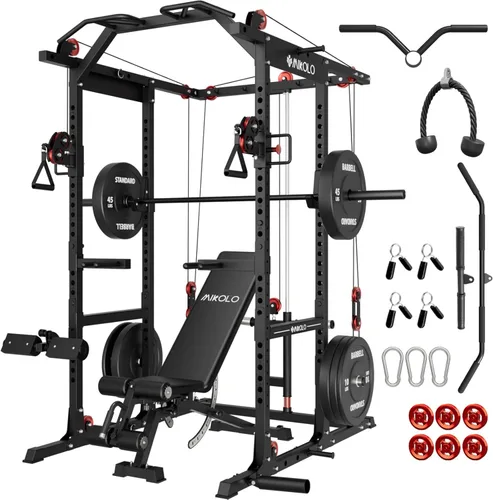 Miniatura 12 de Mikolo Jaula de potencia K6 2.0, estante de alimentación con sistema de cruce de cables, estante para sentadillas de 2000 libras con sistema de Rojo