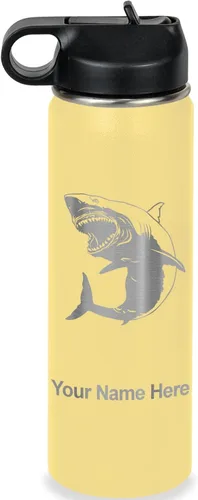 Miniatura 23 de LaserGram Botella de agua personalizada, gran tiburón blanco, acero inoxidable de doble pared aislada al vacío con popote superior, regalo grabado