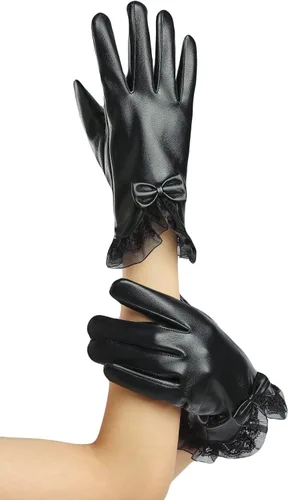 Miniatura 42 de Sahabowi Guantes de cuero para clima frío Manopla de lana cálida de invierno para mujeres