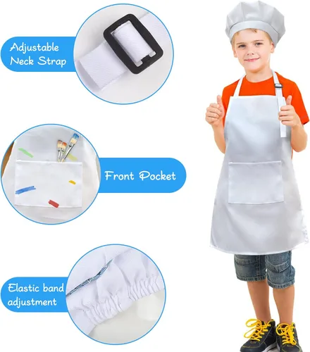Miniatura 2 de SUNLAND Juego de delantal y gorro para niños, delantal de chef para niños para cocinar, hornear y pintar Blanco