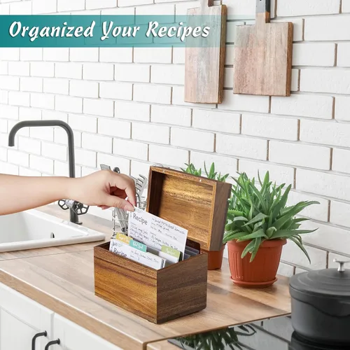 Miniatura 6 de DRASTAR Caja de tarjetas de recetas, soporte para recetas de acacia de 4 x 6, organizador de recetas con 50 tarjetas y 6 divisores, caja de tarjetas