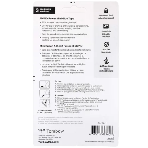 Miniatura 6 de Tombow 62140 Power Mini cinta adhesiva, paquete de 3. Aplicadores compactos fáciles de usar para una unión fuerte y permanente