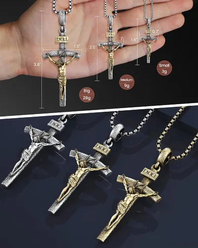 Miniatura 6 de Collar de crucifijo católico para hombres y mujeres, collar de cruz de plata antigua/oro/plata con exquisito colgante de Jesús, cadena de acero