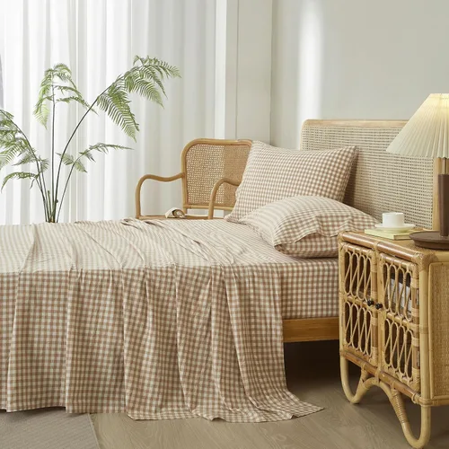 Miniatura 5 de LifeTB Tan Gingham - Juego de sábanas tamaño matrimonial, transpirables, suaves, color beige, gris topo, sábanas a cuadros 100% algodón lavado