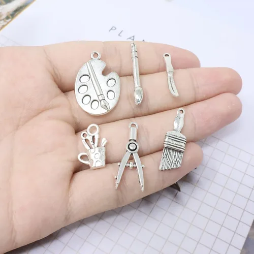 Miniatura 4 de Honbay 60 dijes de pintura de aleación, colgantes, artista, pintor, paleta, cuchillo, brocha, brújulas, colgantes para aretes, pulseras, collares