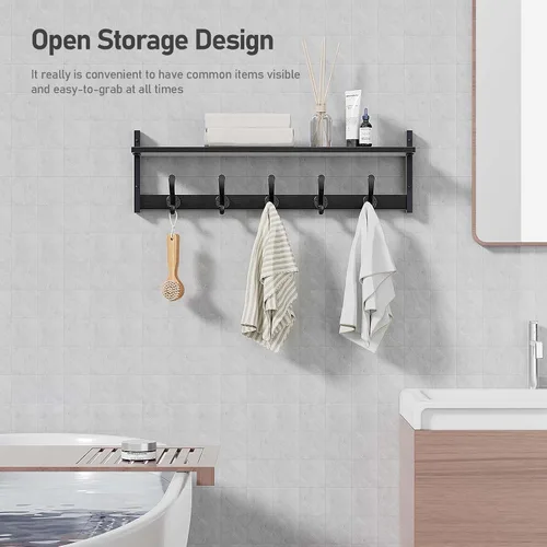 Miniatura 6 de Tatub Perchero rústico de 29 pulgadas con estante, ganchos de pared de entrada con estante, perchas para baño, sala de estar, dormitorio, negro