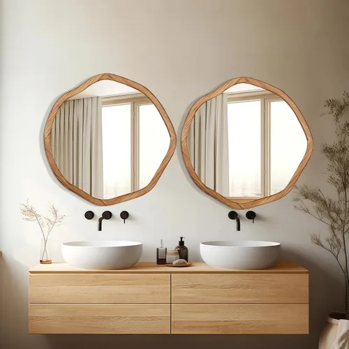 Miniatura 4 de ULIKE Espejo redondo de madera, espejo de pared circular irregular de 24 pulgadas con marco de madera, soporte de pared decorativo rústico