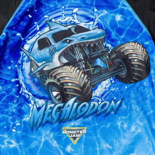 Miniatura 6 de Monster Jam Conjunto de traje de baño y camiseta de protección UPF 50+ para niños pequeños y grandes, Grave Digger El Toro Loco Megalodon