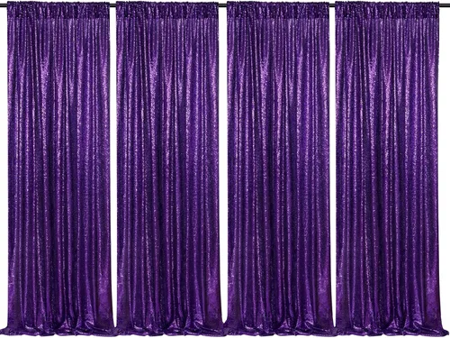 Miniatura 22 de Telón de fondo de lentejuelas moradas 2 paneles 2FTx8FT con purpurina telón de fondo cortinas para fiesta de Halloween fondo de fotos para bodas