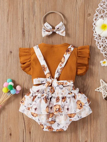 Miniatura 5 de Conjunto de ropa para bebé recién nacida, con volantes, manga corta, acanalada, para verano