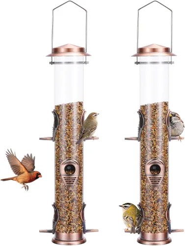 Miniatura 11 de MIXXIDEA 1PK Alimentadores de pájaros metálicos con 6 puertos de alimentación, alimentador de pájaros de tubo con colgador de acero, alimentador