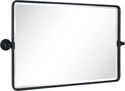 TEHOME Espejo rectangular horizontal de estilo rústico con marco de metal negro y pivote redondeado para baño, espejos de tocador biselados 2-Negro