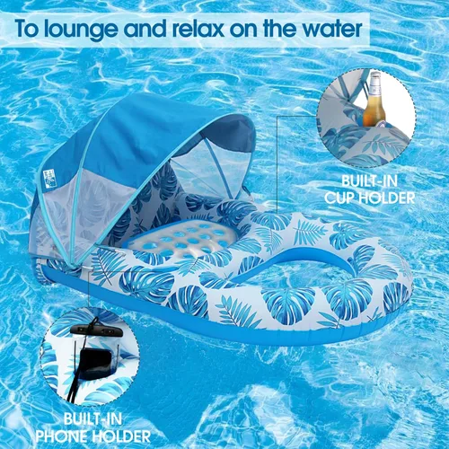 Miniatura 5 de COOLCOOLDEE Flotador de Piscina con Toldo UPF50+, Flotadores de Piscina Extra Grandes para Adultos de Alta Resistencia, Flotador Inflable
