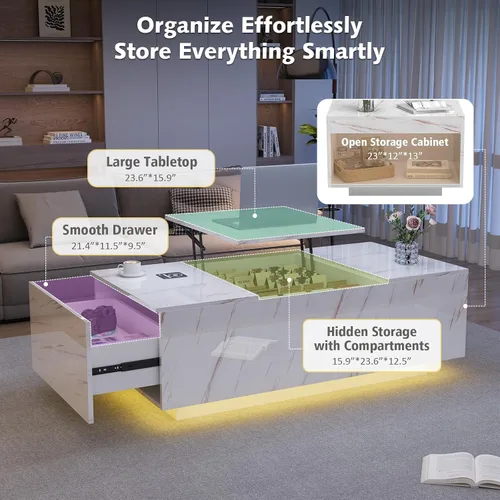 Miniatura 6 de Mesa de centro LED, mesas de centro elevables de 47.2 pulgadas con cajones y gran almacenamiento, mesa inteligente para sala de estar con carga