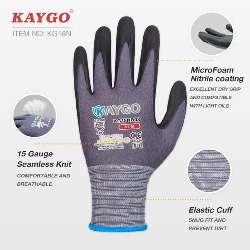 Miniatura 2 de KAYGO Guantes de trabajo de seguridad con revestimiento de nitrilo de microespuma, 3 pares, KG18NB, guantes de nailon de punto sin costuras para Gris