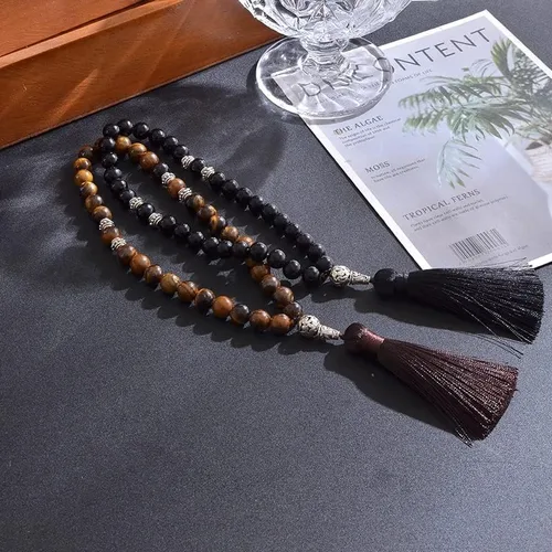 Miniatura 2 de Pulsera de 33 cuentas de oración con 33 cuentas de oración para hombres y mujeres, color ónix negro y amarillo (ojo de tigre de 0.394in)