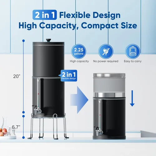 Miniatura 7 de Purewell Sistema de filtro de agua por gravedad de ultrafiltración de 3 etapas de 0.01 μm, sistema de encimera de acero inoxidable 304 con 2