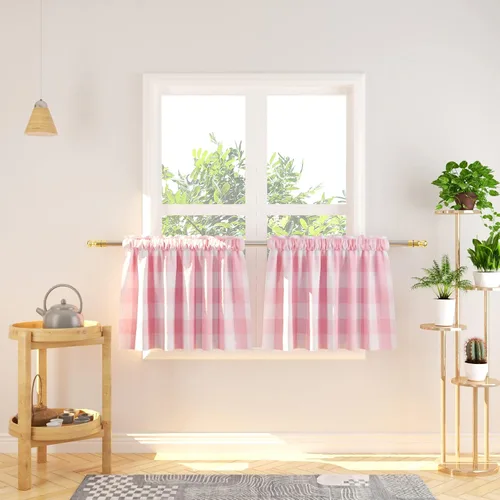 Miniatura 153 de Cenefas de cortina para ventana de 16 pulgadas de largo, 2 paneles de cuadros búfalo, cortinas pequeñas con bolsillo para barra, estilo clásico