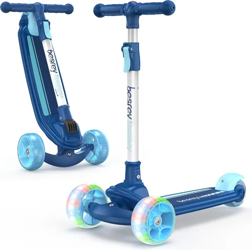 Besrey - Patinete para niños de 3 a 10 años, patinete plegable de 3 ruedas con altura ajustable, ruedas con luz LED, plataforma extra ancha para