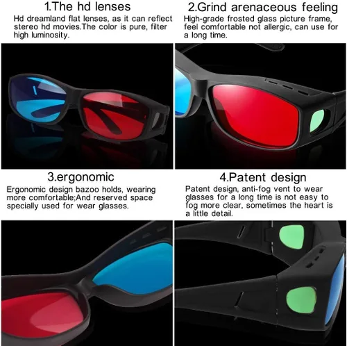 Miniatura 3 de BIAL Paquete de 2 gafas 3D rojo-azul con estuche de tela de vidrio cian anaglifo estilo simple juego de película 3D - actualización adicional