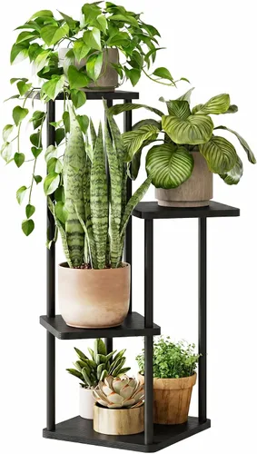 GENTINGBRO Soporte alto para plantas de interior de 4 niveles para múltiples plantas, soporte de madera para plantas, estante de madera, estantería