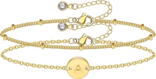 Gold Initial Bracelets for Women Initial Gifts for Women Dainty Gold Filled Layered Beaded Bracelet Personalized Disc Trendy Monogram Charm Jewelry