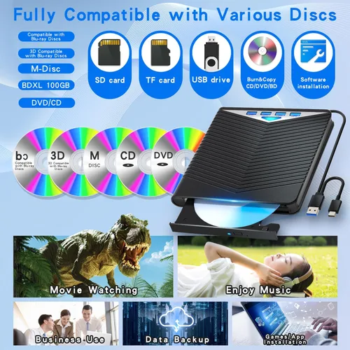 Miniatura 6 de Dainty Unidad Blu ray externa 7 en 1 lectura/escritura con quemador Bluray USB 3.0 y tipo C compatible con/Windows7-11 Mac OS Soporte para unidad