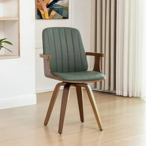 Miniatura 13 de Juego de 2 sillas de comedor giratorias, modernas de mediados de siglo con artesanía de nogal, piel sintética tapizada, brazos y patas de madera