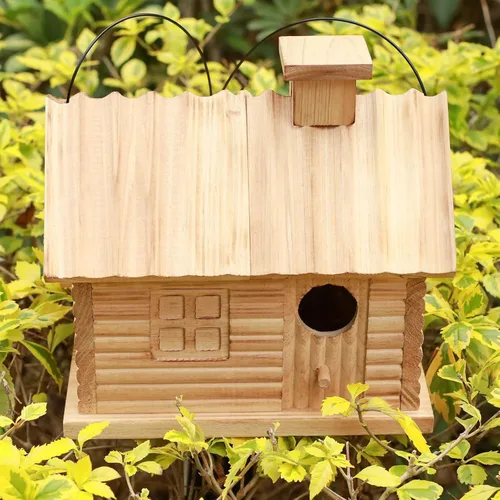 Miniatura 4 de STARSWR Casa de pájaros en el exterior, casas para pájaros al aire libre, cabaña de madera natural para pájaros, 2 agujeros, pinzón azul
