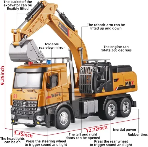 Miniatura 2 de OANMYJJO Juguetes de excavadora para niños, modelo de excavadora de metal fundido a presión, con sonido simulado y luz, juguetes de excavadora