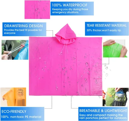 Miniatura 4 de Ponchos de lluvia desechables para niños y niñas, impermeable multicolor, paquete de 4