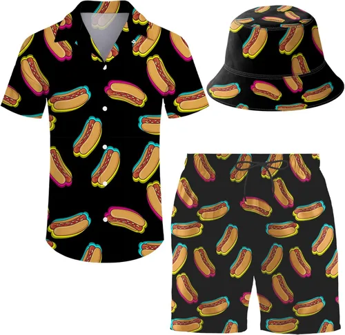Miniatura 37 de Conjunto deportivo de 2 piezas para hombre, camisa hawaiana, pantalones cortos, camisa con botones y pantalones cortos con sombreros de pescador