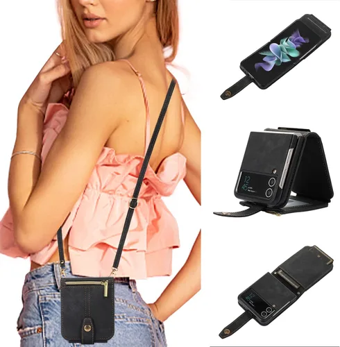 UEEBAI Funda tipo cartera cruzada para Samsung Galaxy Z Flip 3 5G, ranuras para tarjetas, cubierta cruzada ajustable con cremallera, correa de