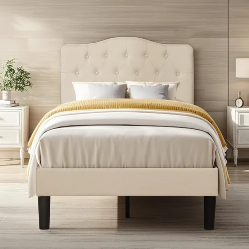 Miniatura 6 de VECELO Base de cama de plataforma de tamaño individual con cabecera tapizada de tela y soporte de listones de madera, no necesita somier/fácil
