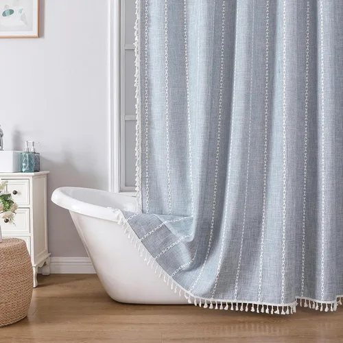 Miniatura 7 de meioro Cortina de ducha bohemia a rayas, juego de cortina de ducha de tela tejida de lino de 10.41 oz/m² con borla, repelente al agua, rústica, Azul