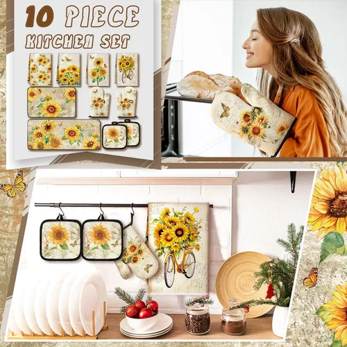 Miniatura 2 de Fourluoo Juego de 10 toallas de cocina de girasol, guantes de horno y soportes para ollas, juego de decoración de cocina de granja para mujeres