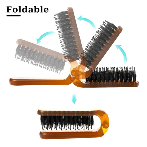 Miniatura 2 de Paquete de 2 cepillos plegables para el cabello, cepillo de tamaño de viaje con cerdas naturales de jabalí y pasadores de nailon, cepillo pequeño