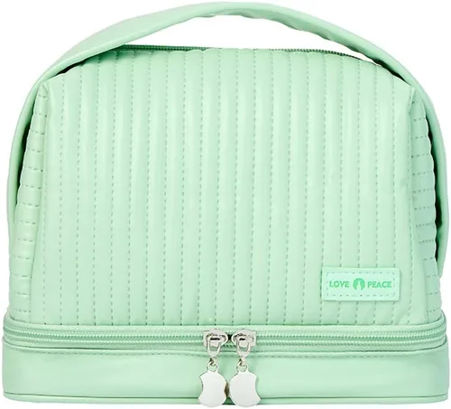 Miniatura 7 de Bolsa de cosméticos para mujer, bolsa de aseo con un compartimento separado, bolsa de maquillaje de viaje con soporte para cepillos extraíble, Rosa