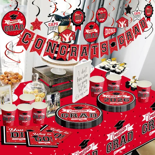 Miniatura 6 de DAZONGE Decoraciones de graduación 2026 rojo y negro, kit de vajilla desechable de 265 piezas para 50 invitados, platos, servilletas, vasos, mantel