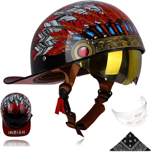 Miniatura 10 de Gorra de béisbol para motocicleta, 3 unidades, aprobado por DOT, estilo vintage, cara abierta, unisex, para adultos, medios cascos de doble lente